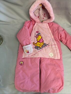 Disney Pink Winnie the Pooh Quilted Hooded snowsuit with Faux Fur Trim